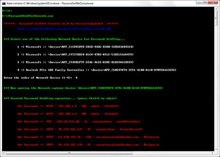 PasswordSnifferConsole showing recovered passwords